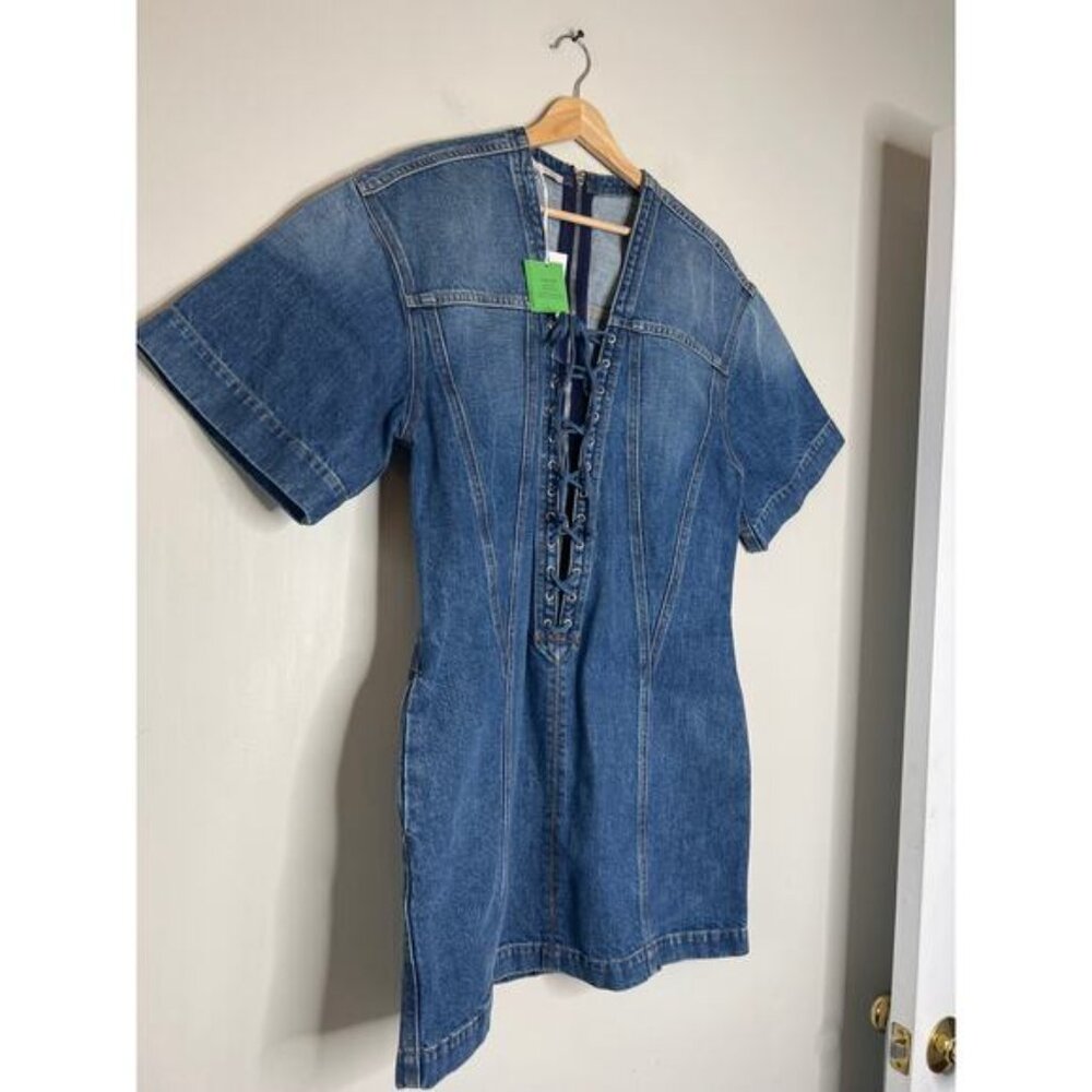 NWT Stella McCartney Lace Detail Short Sleeve Denim Mini Dress Blue Size: Large - Picture 3 of 9